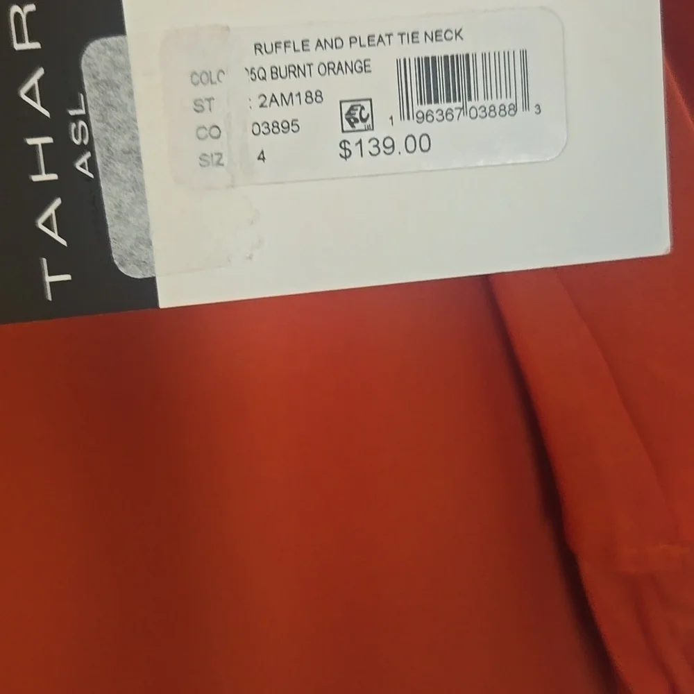 NWT Tahari ASL Burnt Orange Pleated Trim Tie Neck Dress Size 14 - Picture 4 of 15